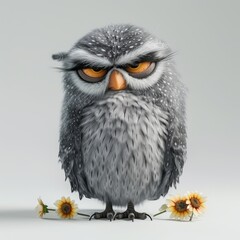 Obraz premium A really adorable, fluffy and grumpy cartoon owl with flowers and a white background. 