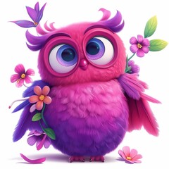 A really adorable, fluffy and grumpy pink cartoon bird with flowers and a white background. 
