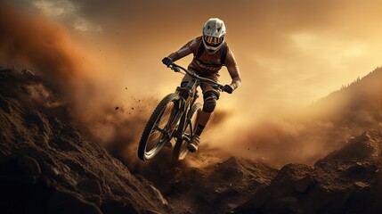 mountain biker in the dust in forest