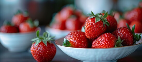 Two bowls of strawberries, a delicious natural fruit, are placed on a table. These seedless fruits are not only a staple food, but also a superfood.
