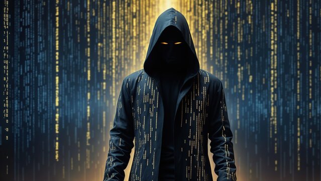 a faceless hooded figure stands in a rain of binary code, representing a hacker. The background is a mix of blue and yellow hues.