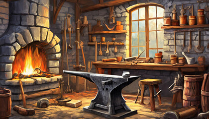 Blacksmith Shop with various tools - obrazy, fototapety, plakaty