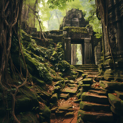 Ancient ruins covered in vines and moss. 
