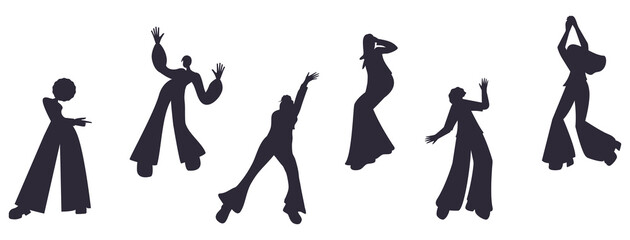 Silhouettes of people in various dance poses. Black and white seamless border. Dancing in the style of the 70s. Vector illustration. Isolated on a white background.