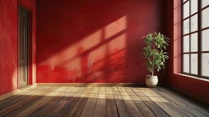 Room with red wall and wooden floor 