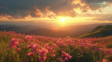sunset on grassy hills with pink flowers in the foreground 