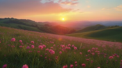 Obraz premium sunset on grassy hills with pink flowers in the foreground 
