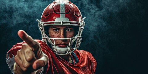 American football player in red jersey pointing finger at camera. Selective focus.