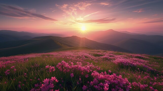 sunset on grassy hills with pink flowers in the foreground