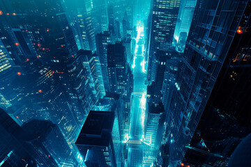 The city in lights on a dark background.