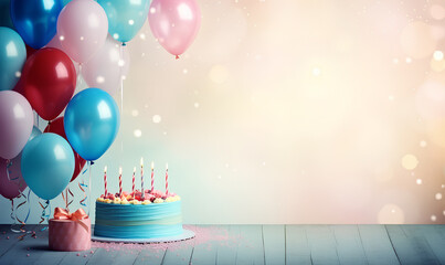 birthday cake with candles on a background of colored confetti
