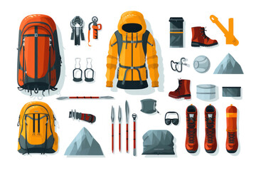 Adventure Camping and Hiking Equipment Set: Travel with Excitement and Thrills. - obrazy, fototapety, plakaty