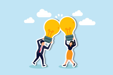 Merge ideas, synergize or collaborate for solutions, brainstorm, teamwork or jointly innovate for great ideas concept, businessman, businesswoman join or combine lightbulb idea for best result.