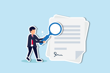 Verify documents, validate agreements or contracts, conduct financial or budget analysis, search for document files concept, businessman manager holding big magnifying glass checking document paper.