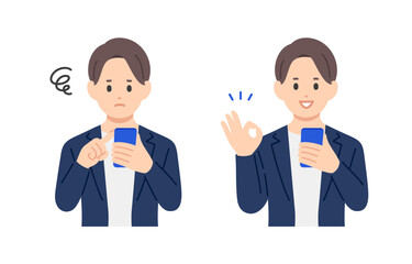 スマホを見て悩む･OKポーズをするビジネスパーソン男性のセット【人物ベクターイラスト素材】