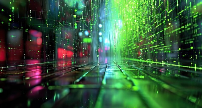 A vibrant digital landscape with a matrix of green code rain on a reflective surface