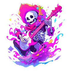 Skeleton Playing Guitar In Neoncore Style for t-shirt Design, Poster, Tattoo. Vector Illustration PNG Image
