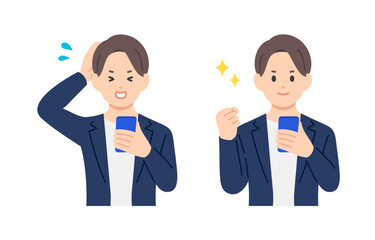 スマホを見て焦る･ガッツポーズをするビジネスパーソン男性のセット【人物ベクターイラスト素材】
