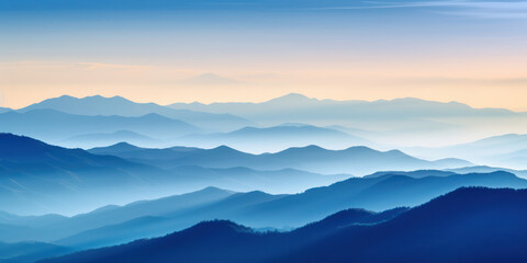 Fototapeta premium Misty Mountain Sunrise: A Serene Landscape Painting with Blue Haze and a Foggy Forest Background.