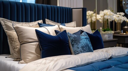 An elegantly arranged set of decorative pillows on a luxurious bed