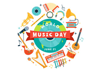 World Music Day Vector Illustration on 21 June with Various Musical Instruments and Notes in Flat Cartoon Background Design