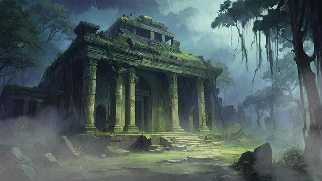 The interior of a stunning forest reveals the mossy ruins of an ancient temple, accompanied by the graceful flight of butterflies