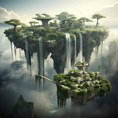 Floating islands with cascading waterfalls.