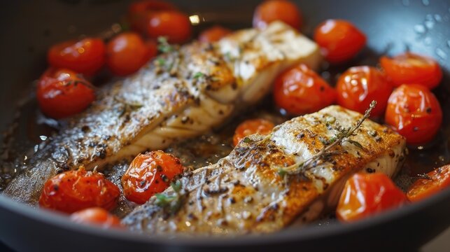 Pan-seared fish fillets with cherry tomatoes