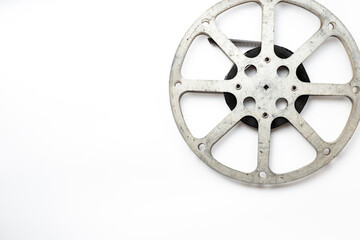 Cinema industry and movie background with film reels, top view