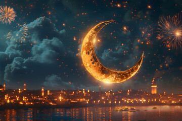 A golden crescent moon in the foreground with fireworks in the background, creating a beautiful Ramadan scene.