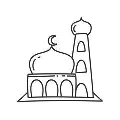 Mosque doodle icon in outline style isolated on white background. Vector illustration.
