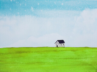 countryside house in the green meadow field with blue sky and clouds. watercolor cartoon painting. - 731419129