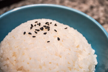 Close up photo of a bowl of white rice with black sesame seeds sprinkled on top. Concept for Asian...