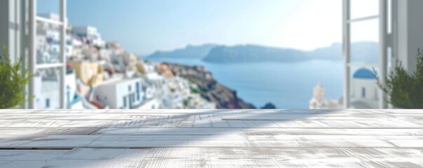 Beautiful scenery: empty white wooden table with Santorini view, blurred bokeh out of open window,...