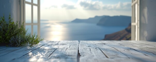 Beautiful scenery: empty white wooden table with Santorini view, blurred bokeh out of open window, product display, defocused bokeh, and blurred background sea with sunlight. product display template