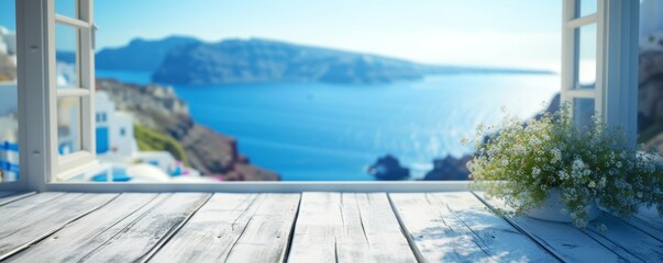 Beautiful scenery: empty white wooden table with Santorini view, blurred bokeh out of open window, product display, defocused bokeh, and blurred background sea with sunlight. product display template