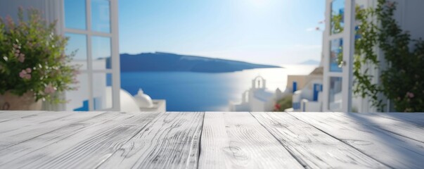 Beautiful scenery: empty white wooden table with Santorini view, blurred bokeh out of open window, product display, defocused bokeh, and blurred background sea with sunlight. product display template