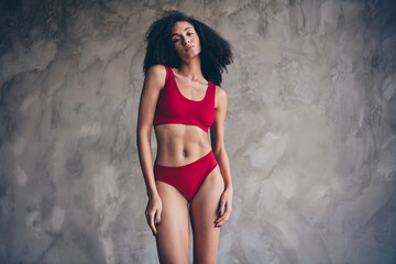 Photo portrait of stunning lovely young lady posing model no filter dressed red underwear isolated on studio texture background - obrazy, fototapety, plakaty