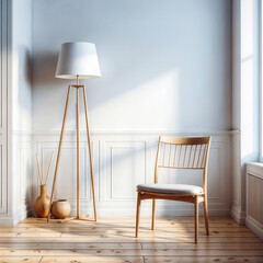 White room interior, A wooden chair, a lamp, and a window in a white room, scandinavian interior