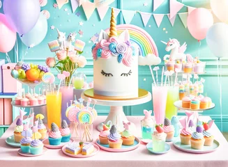 Fototapeten Whimsical Unicorn-Themed Birthday Celebration Table © arinahabich