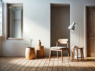 White room interior, A wooden chair, a lamp, and a window in a white room, scandinavian interior