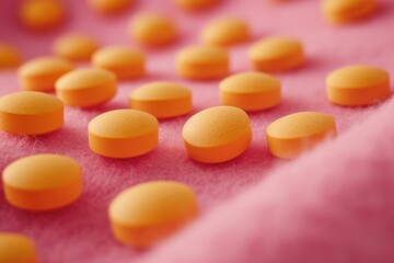Fototapeta na wymiar Macro shot of pastel orange tablets scattered on a pink fuzzy surface.