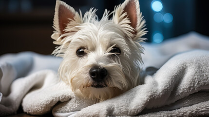 A West Highland White Terrier, snugly wrapped in a towel post-bath