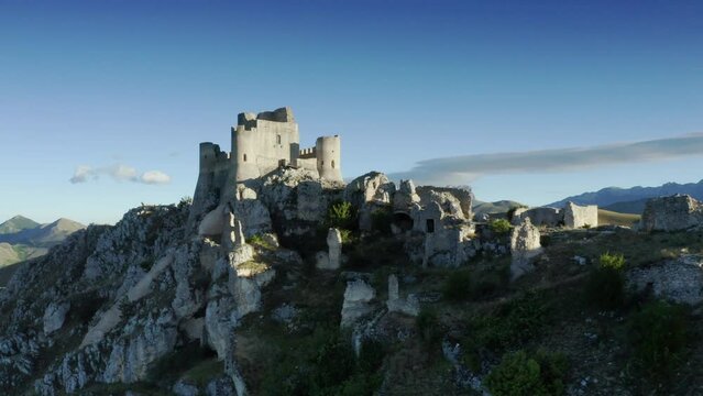 drone view around forte calascio fort in abruzzo italy on morning