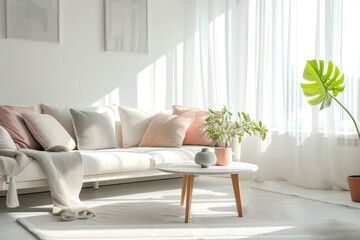 A serene living room decorated with a plush sofa adorned with pastel cushions, a modern coffee table, various indoor plants, and a soft rug, illuminated by natural light from large windows.