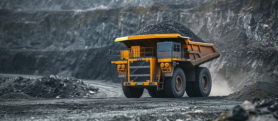 Big yellow mining truck with coal anthracite, quarry industry