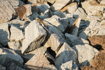 Slate stone. Pile of river rocks that have been split and will be used as building foundation...
