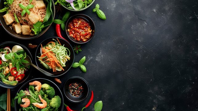 Delicious and healthy asian food on a black textured background, realistic, HD, copy space - generative ai