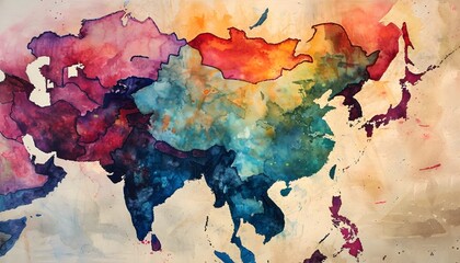 Map of Asia watercolor illustration