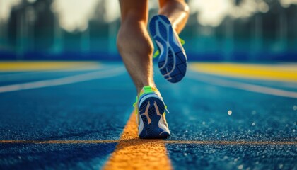 Athlete running on racetrack at stadium. Close up of athlete legs. Generative AI.